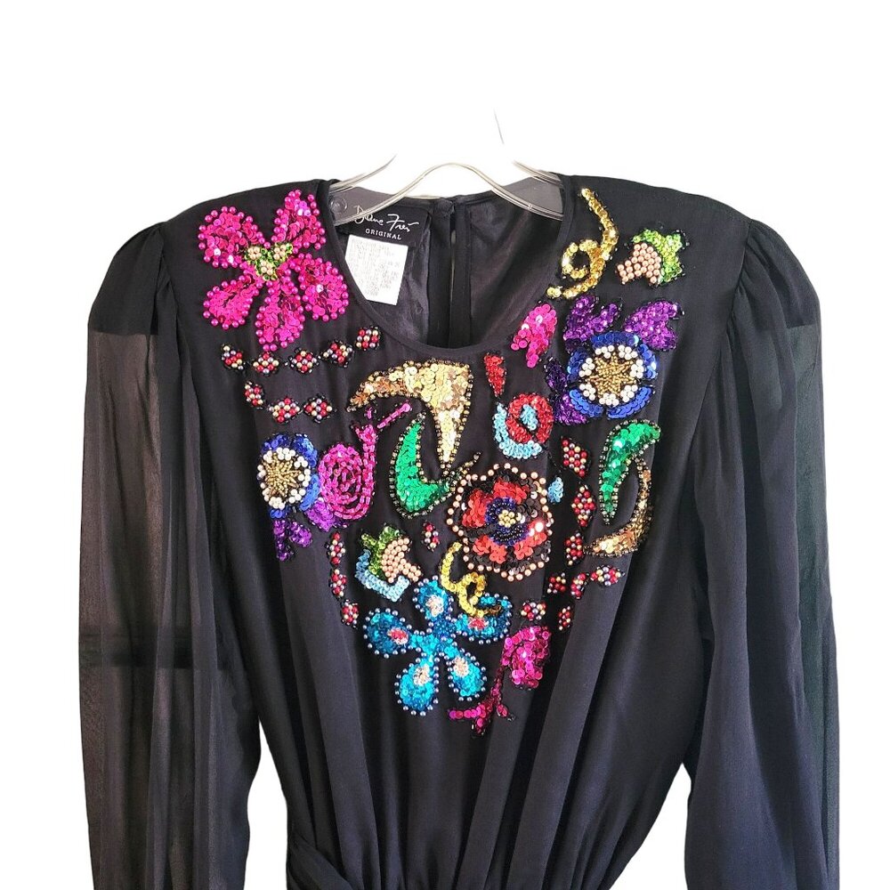 Vintage Diane Freis Original Black Silk Dress With Colorful Beaded Floral Design - Picture 5 of 7
